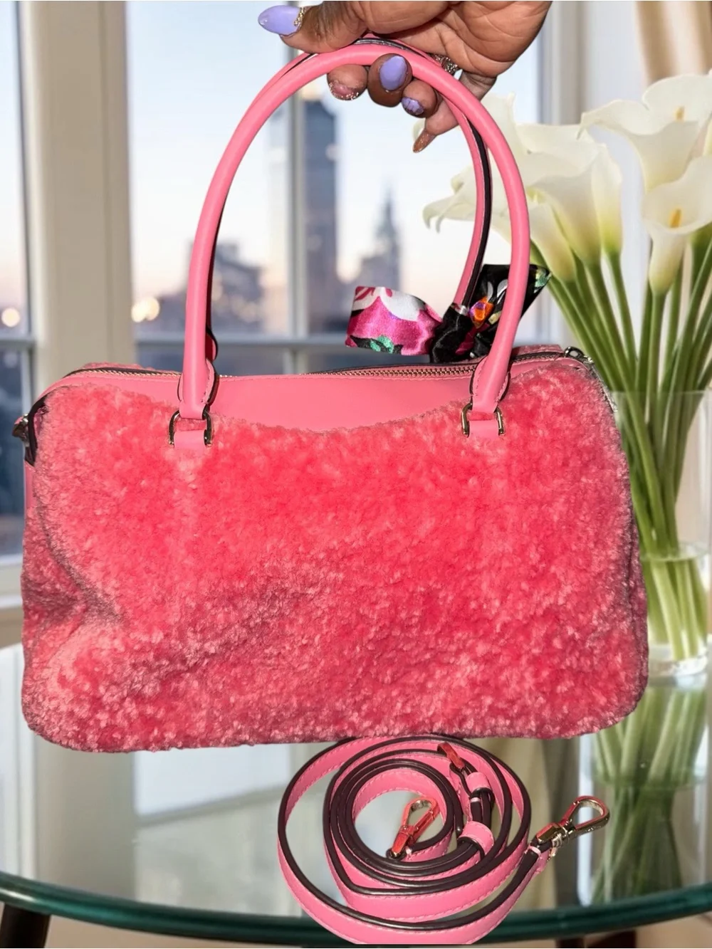 ❌Sold❌Kate Spade Mimi Faux Fur Satchel in the striking Pomegranate / Bright Blus
